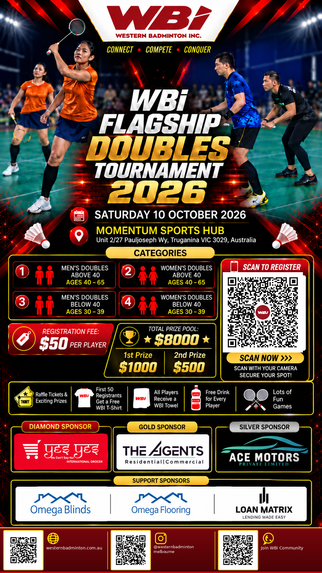 WBi Flagship Doubles Tournament 2026 poster with date, venue, categories, prizes, registration QR code and sponsors